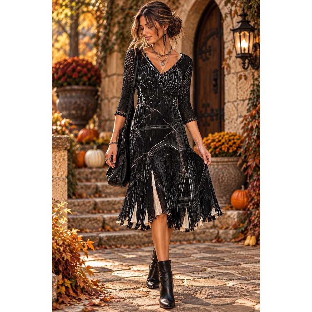 Komarov L Black Ivory Pleated Crinkle Midi Dress Art to Wear Avant Garde Mesh